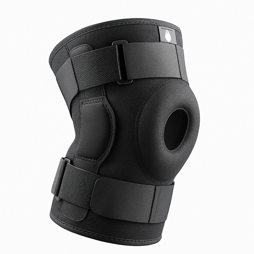 Black Fitlybuy professional knee brace with adjustable straps, side stabilizers, and a patella cutout on white.