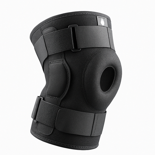 Black Fitlybuy professional knee brace with adjustable straps, side stabilizers, and a patella cutout on white.