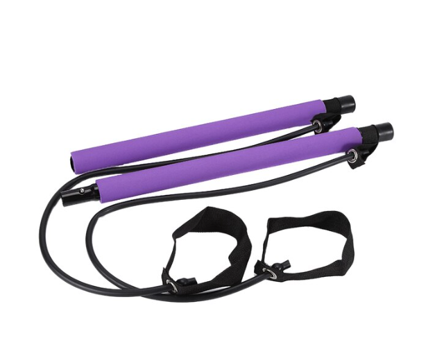 Purple Pilates bar with two black resistance bands and foot loops, designed for full-body home workout exercises.