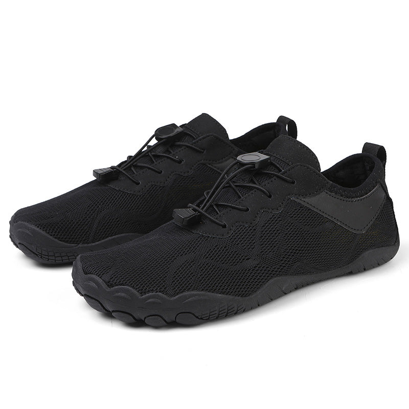Pair of black Fitlybuy AquaStep unisex barefoot water shoes with quick-dry mesh and adjustable toggle laces.