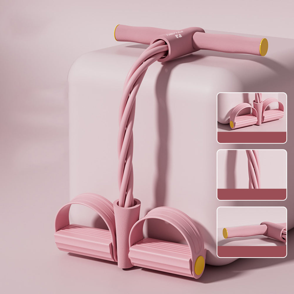 Pink Fitlybuy Yoga Pedal Puller resistance band with handle and foot pedals, shown on a block with detail insets.