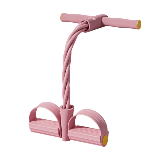 Pink Fitlybuy yoga pedal puller resistance band with handle and foot pedals, featuring a FlexiStrength tension system.