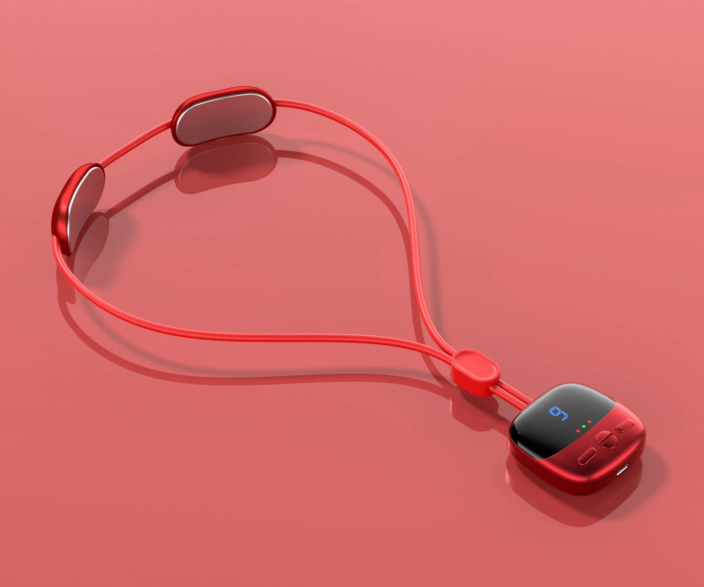 Red Fitlybuy hanging neck massager with two metallic nodes, digital display, and control buttons on a matching background.