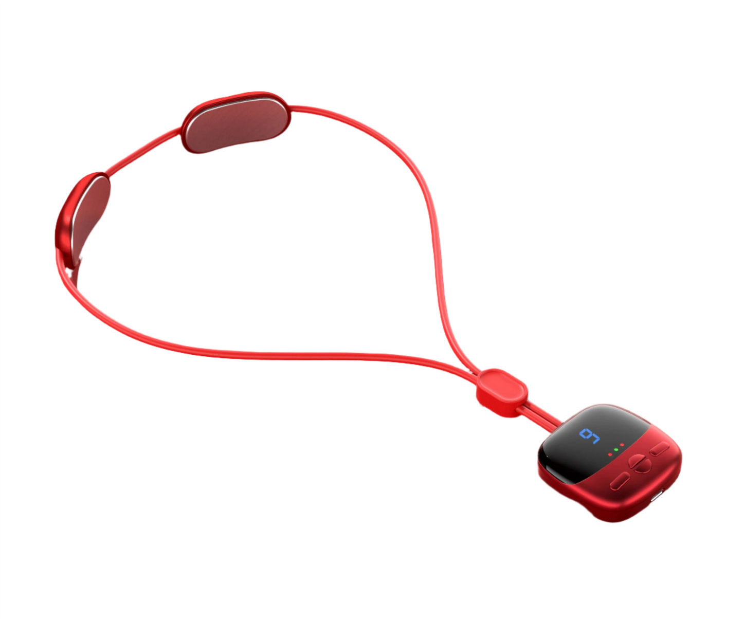 Red Fitlybuy hanging neck massager with metallic pads, digital display, and adjustable controls on a white background.