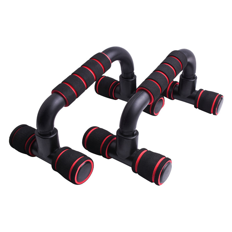Pair of black and red Fitlybuy non-slip push-up stands with ergonomic foam-padded grips on a white background.