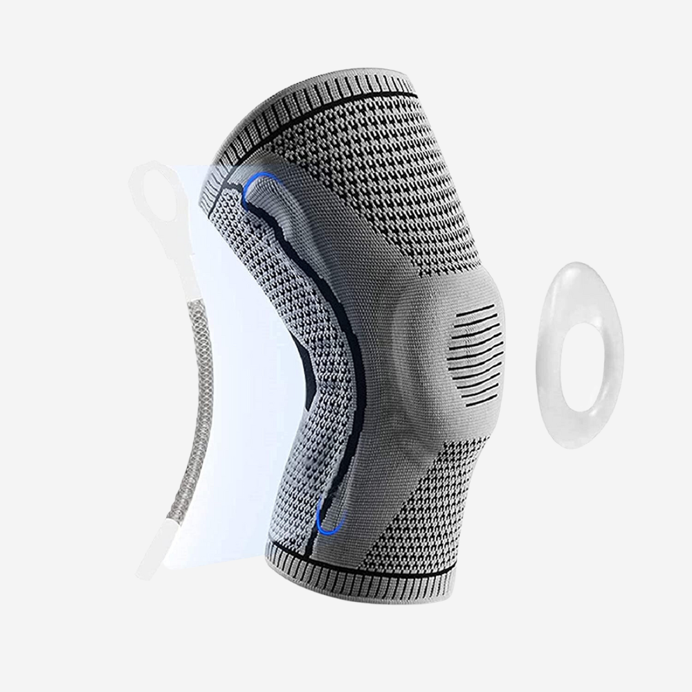 Fitlybuy grey compression knee brace with stabilizer springs and patella gel pad, displayed against a white background.