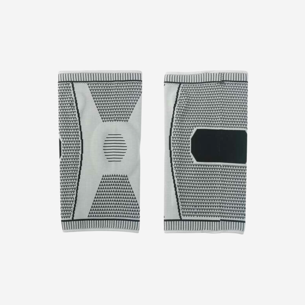 Fitlybuy gray and white compression knee brace pair with stabilization technology shown from front and back.