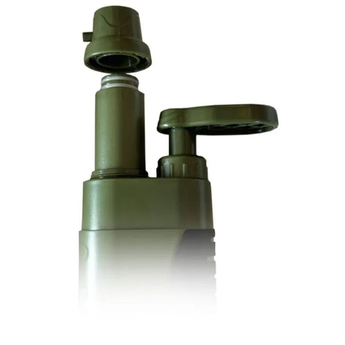 Fitlybuy olive green portable survival water filter pump with hand lever and unscrewed cap for outdoor use.