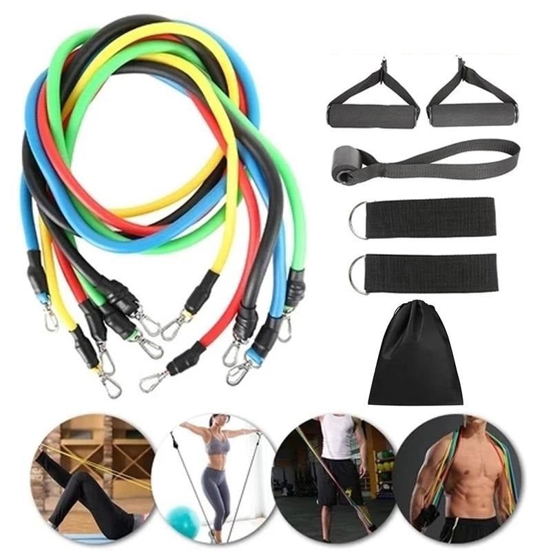 Fitlybuy 11-piece resistance band set: colored elastic bands, FlexiGrip handles, ankle straps, and a black storage bag.