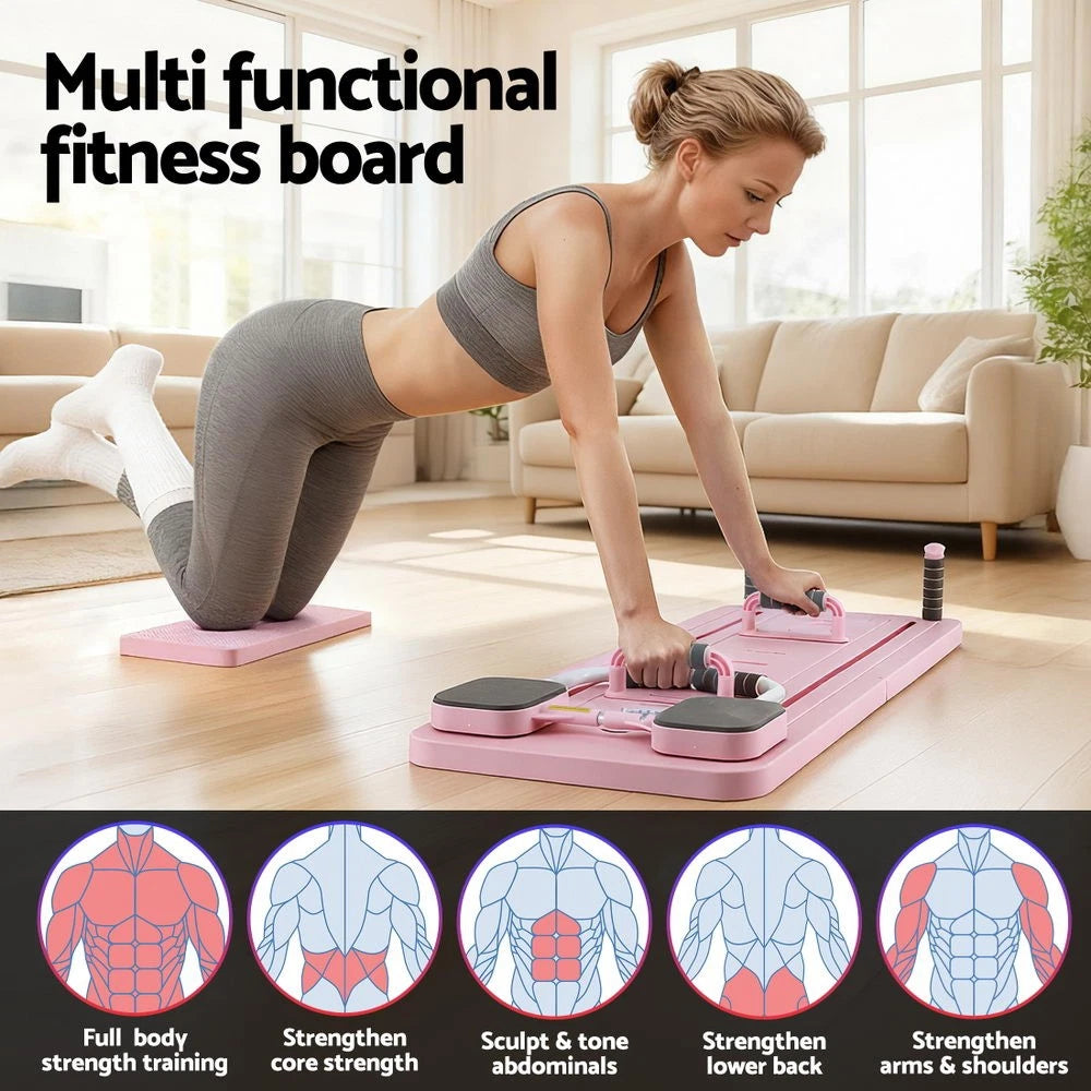 Fitlybuy Pilates Board Foldable Reformer Multi Functional Exercise Trainer Pink