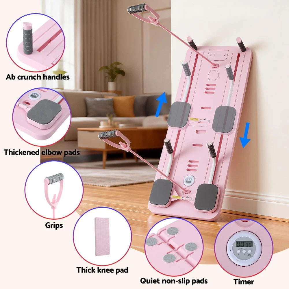 Fitlybuy Pilates Board Foldable Reformer Multi Functional Exercise Trainer Pink