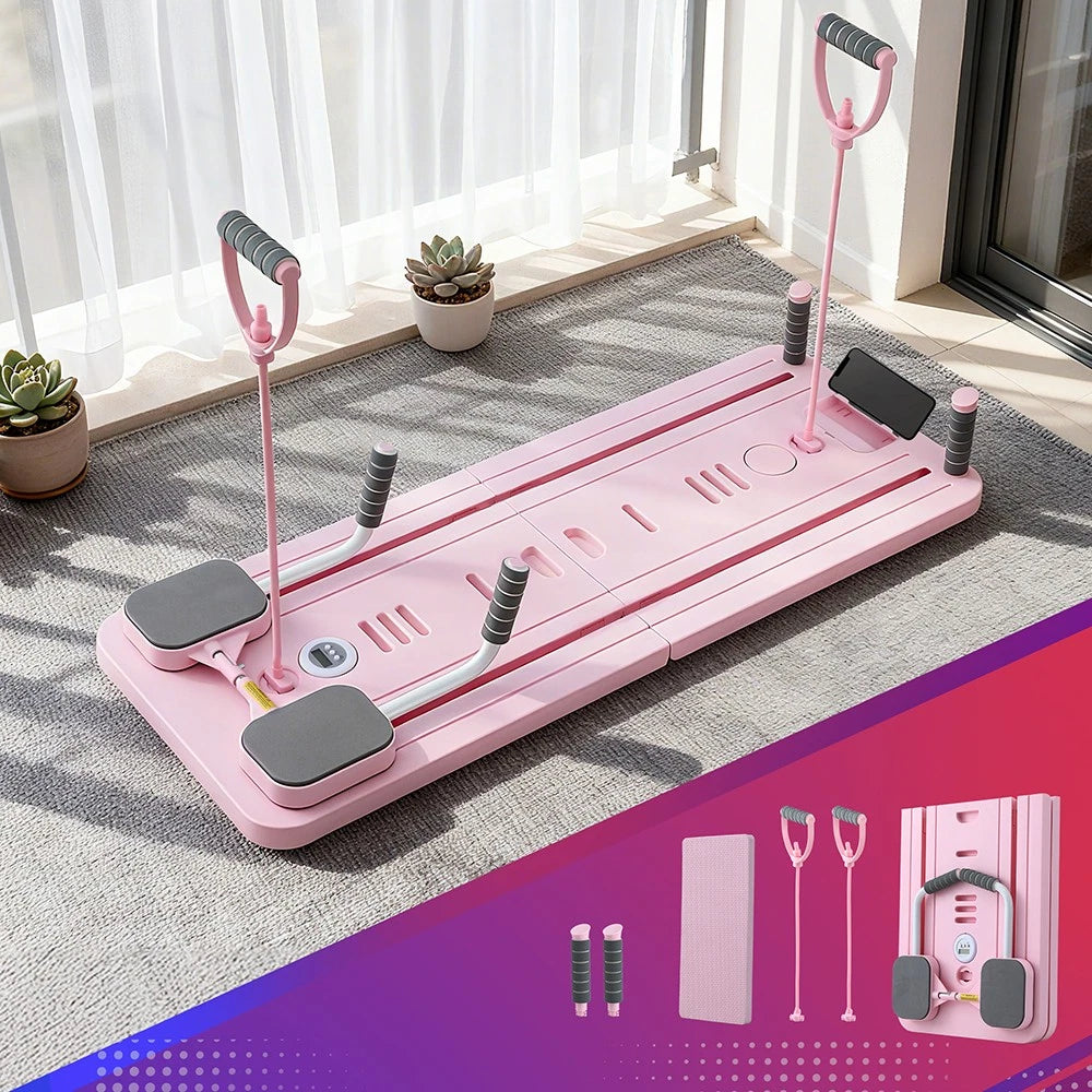 Fitlybuy Pilates Board Foldable Reformer Multi Functional Exercise Trainer Pink