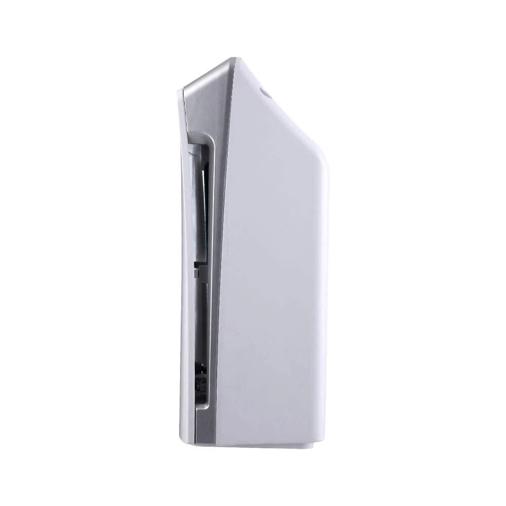 Side view of a white Devanti 4-stage HEPA air purifier with a sleek, angled design against a white background.
