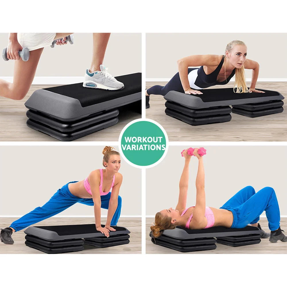 Fitlybuy 110cm aerobic step with anti-slip grip in black and grey, shown in 4 exercise variations with a user.