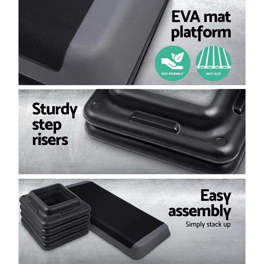 Fitlybuy Everfit 3-level aerobic stepper with anti-slip EVA mat, stackable risers, and easy assembly features.