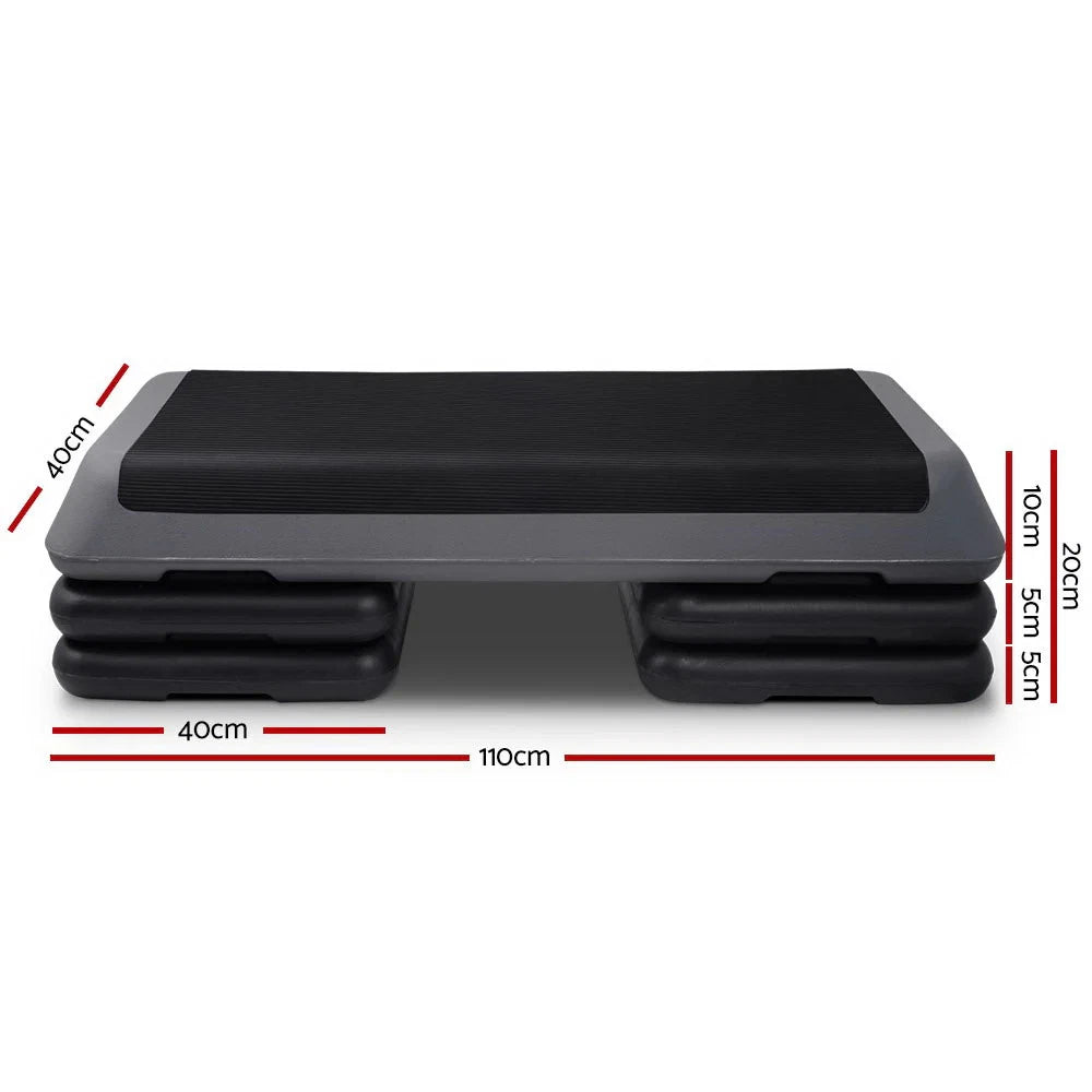 Fitlybuy Everfit 3-level aerobic stepper (110cm) in grey and black with anti-slip grip and dimension overlays.