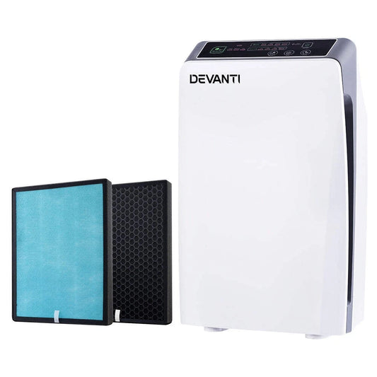 White Devanti 4-stage HEPA air purifier with a control panel and two replacement filter panels on a white background.