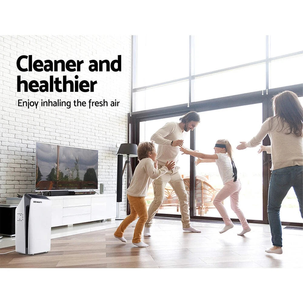 White Devanti 4-stage HEPA air purifier in a modern living room with a family playing, text says Cleaner and Healthier.