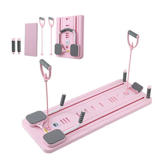 Pink foldable Pilates reformer board with exercise accessories, handles, and digital display for home fitness.