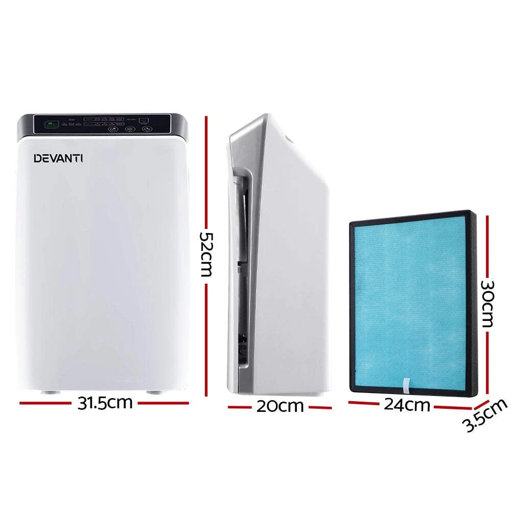 White Devanti 4-stage HEPA air purifier with dimensions, side profile, and blue replacement filter included.