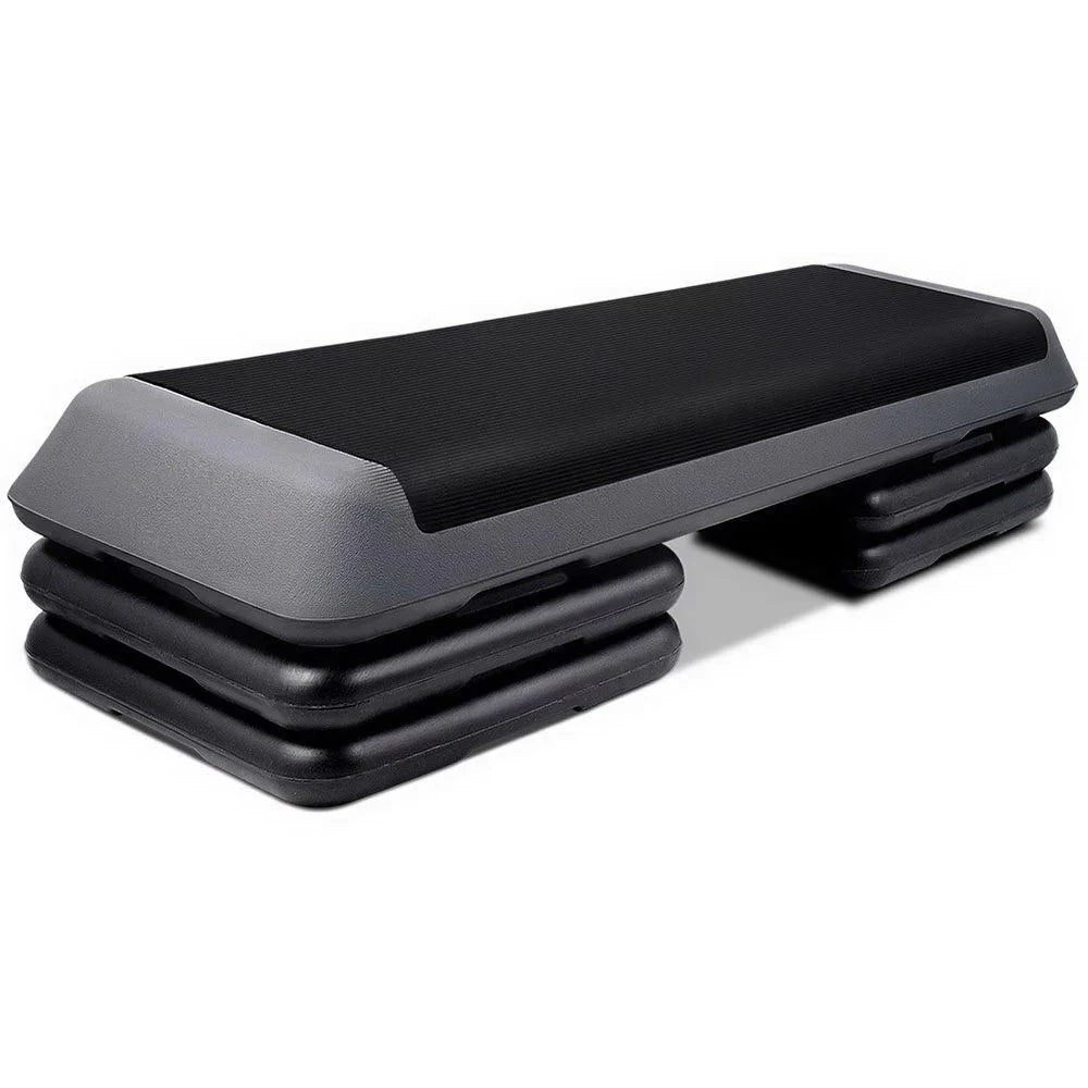 Black and grey 110cm aerobic exercise stepper with an anti-slip textured surface and 3-level adjustable height.