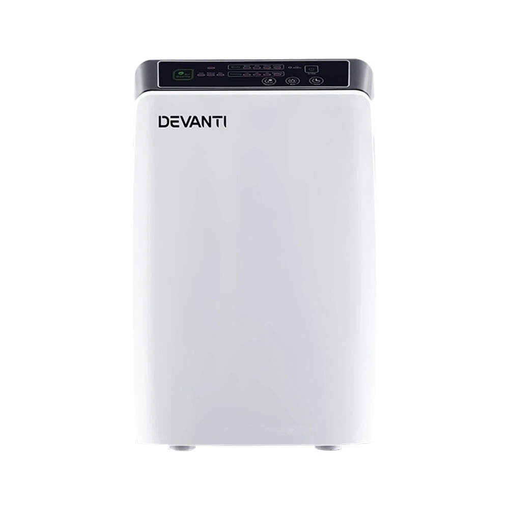 White Devanti air purifier with 4-stage HEPA filtration and digital control panel on top against a white background.