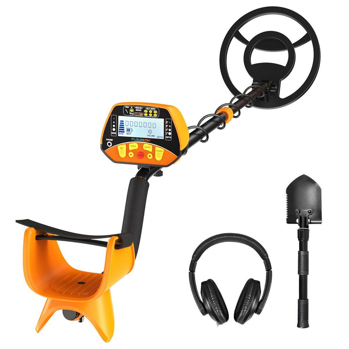 Fitlybuy Gold Hunter Pro metal detector kit with LCD screen, headphones, and digging shovel on a white background.