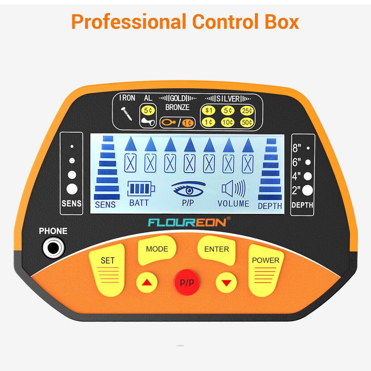 Fitlybuy Gold Hunter Pro control box with orange trim, digital LCD screen, metal discrimination icons, and yellow buttons.