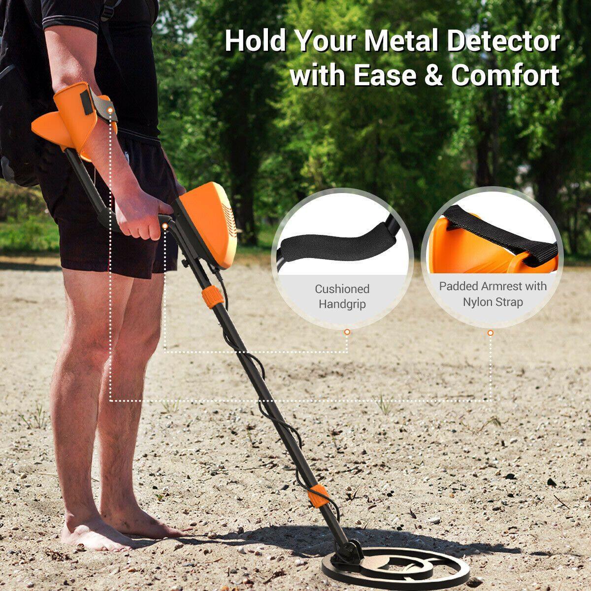 Fitlybuy Gold Hunter Pro metal detector with orange accents, cushioned grip, and padded armrest on a beach.