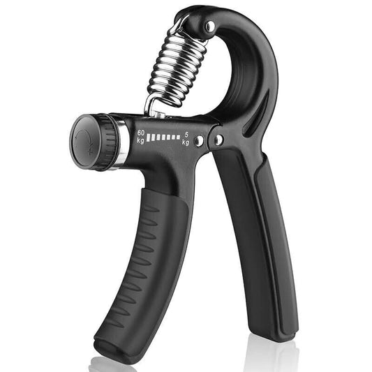 Black adjustable hand gripper with metal spring for grip, wrist, and forearm training, isolated on white background.