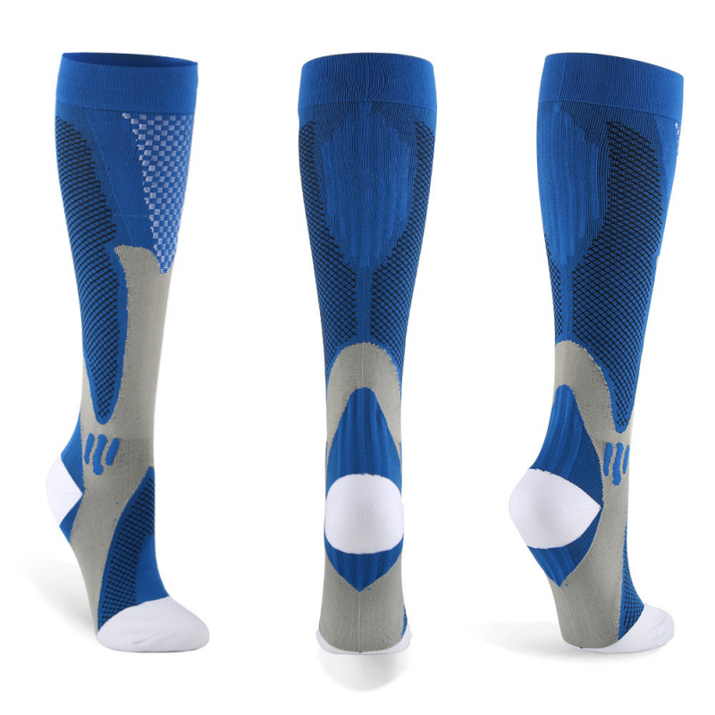 Fitlybuy Easy Legs blue, gray, and white compression socks showing front, back, and side circulation support patterns.