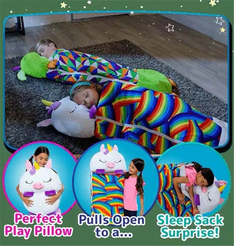 Fitlybuy SnugglePals rainbow unicorn sleeping bag: soft, cozy plush design that converts from a pillow to a sleep sack.