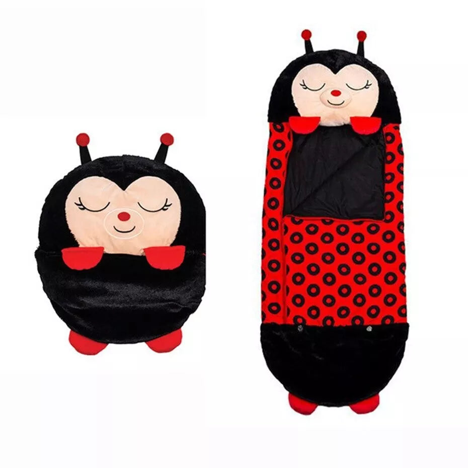 Fitlybuy SnugglePals ladybug sleeping bag: soft red and black plush fabric, shown folded and fully open.