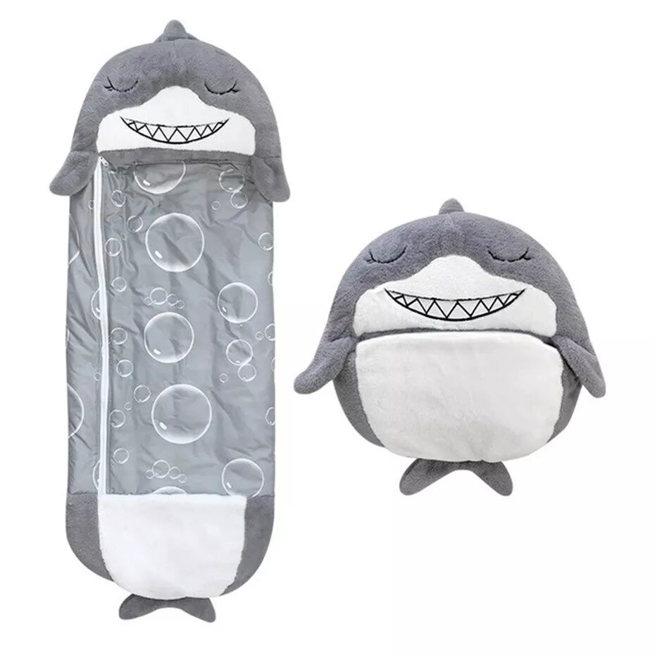 Fitlybuy shark SnugglePals sleeping bag and matching folded plush pillow in grey and white with bubble print.