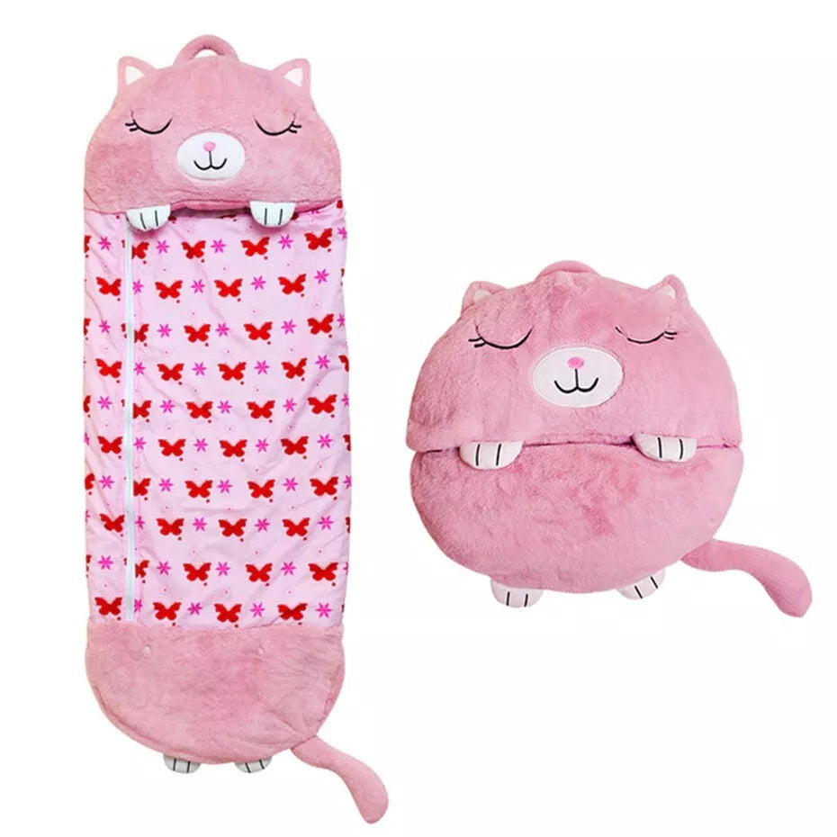 Fitlybuy SnugglePals pink cat sleeping bag with butterfly pattern, shown both unrolled and folded into a plush pillow.