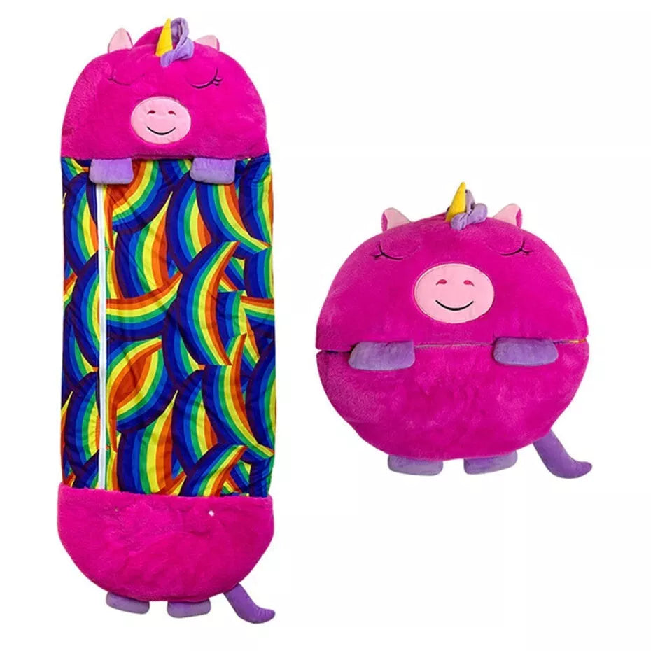 Fitlybuy SnugglePals pink unicorn sleeping bag, shown rolled and unrolled with a vibrant rainbow pattern.