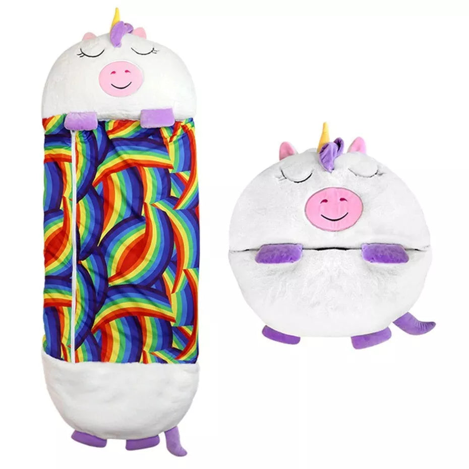 Fitlybuy SnugglePals unicorn sleeping bag: soft white plush with rainbow pattern, shown unrolled and folded as a pillow.