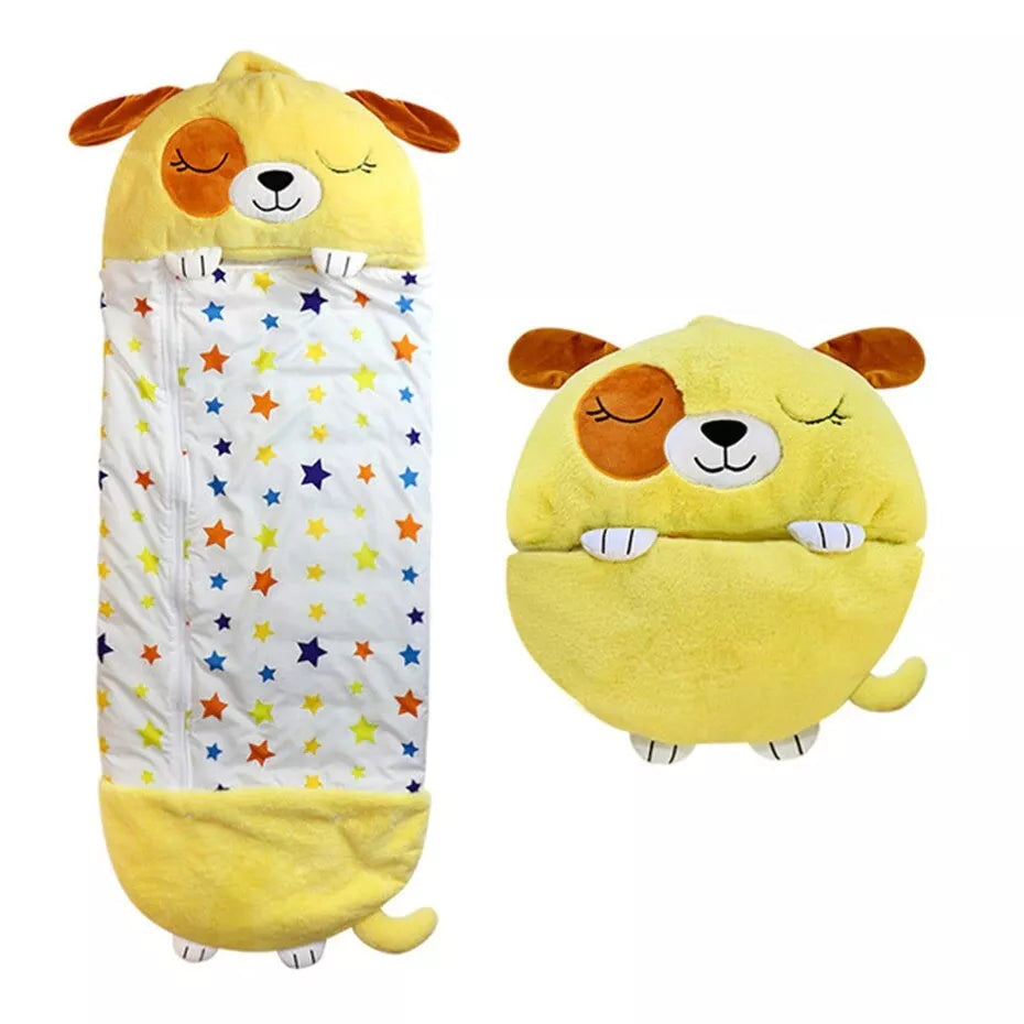 Fitlybuy SnugglePals yellow dog sleeping bag with star pattern, shown folded as a plush toy and fully extended.