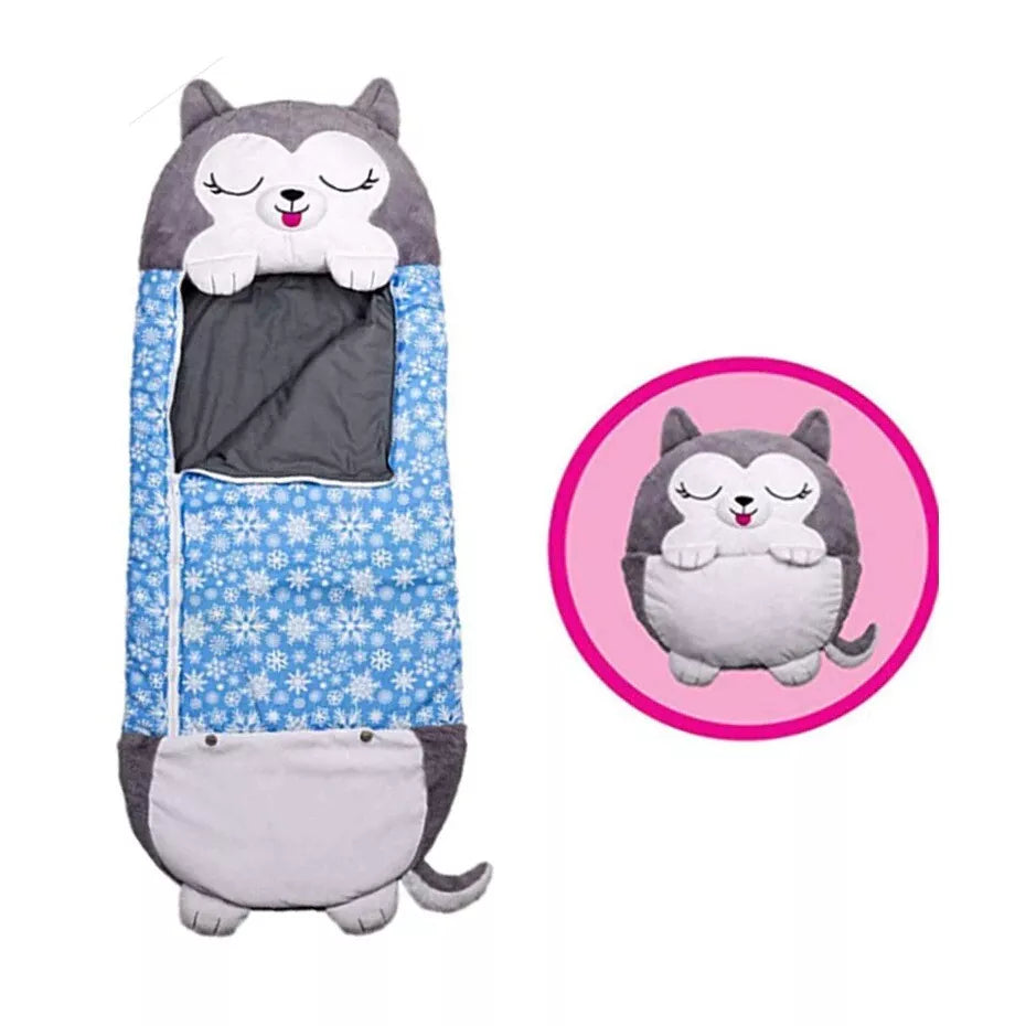 Fitlybuy SnugglePals husky sleeping bag in blue with white snowflakes, shown open and folded into a plush pillow.