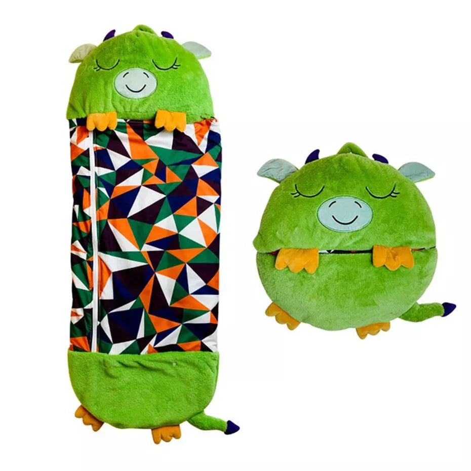 Fitlybuy SnugglePals green dragon sleeping bag shown open and folded into a plush pillow with colorful geometric pattern.