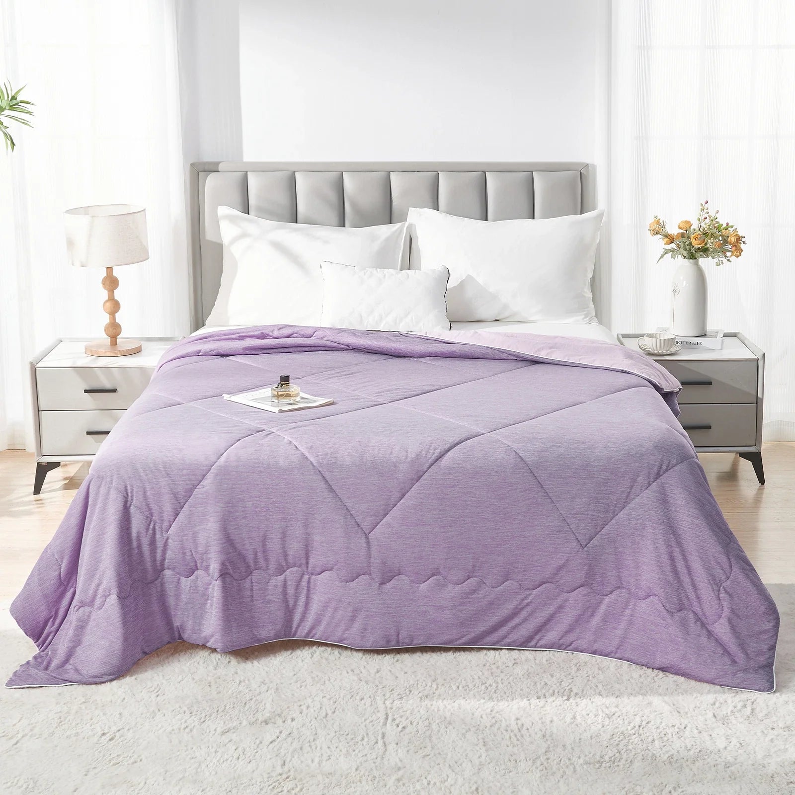 Fitlybuy Aussie Cool purple quilted cooling blanket on a modern bed in a bright, stylish bedroom setting.