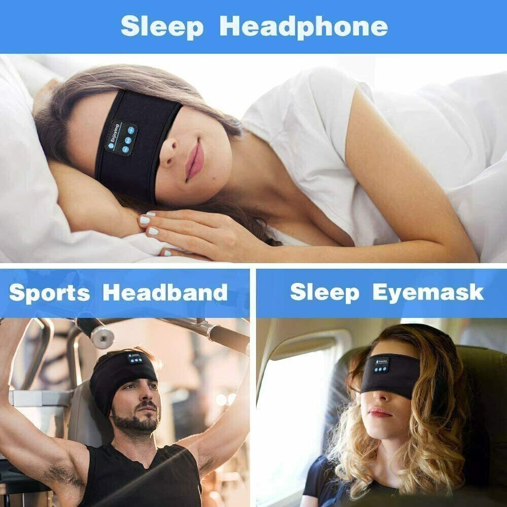 Woman wearing black Fitlybuy Bluetooth sleep headband with control buttons while resting in bed, gym, and airplane.