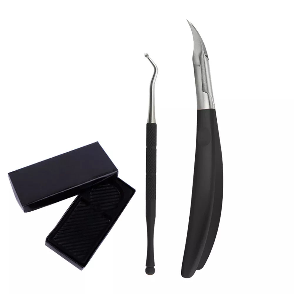 Fitlybuy NailCutter Pro set with black precision toenail clipper, ingrown nail tool, and storage box on white background.