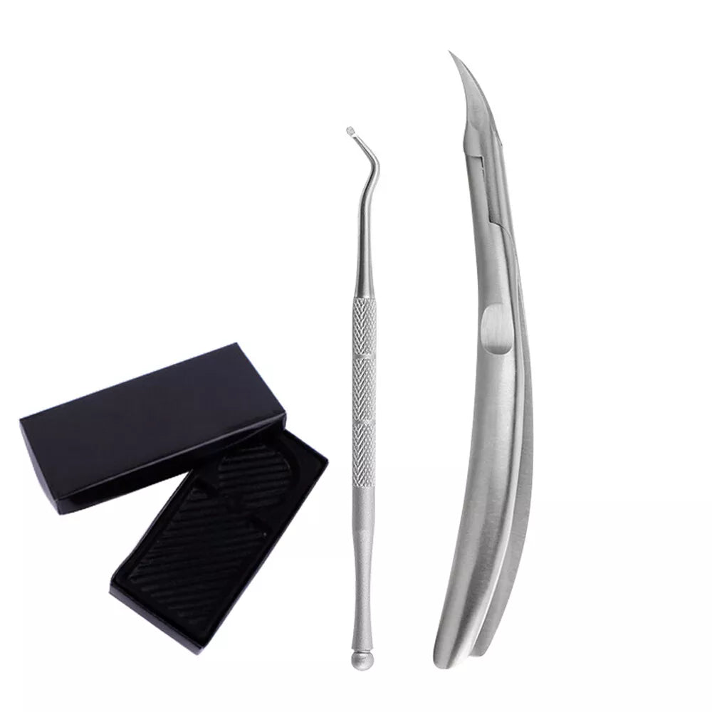 Fitlybuy silver toenail clipper and ingrown nail tool set with a black storage case on a white background.