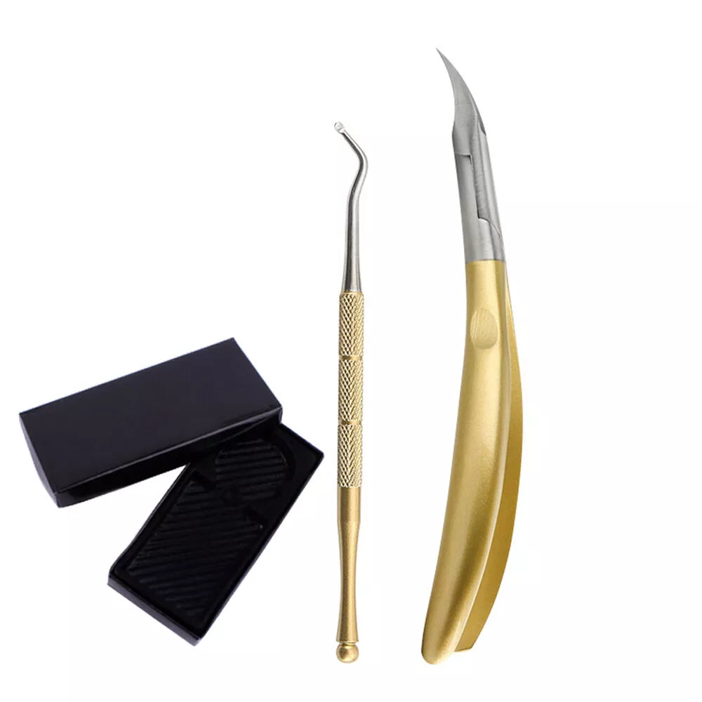 Fitlybuy gold toenail clipper set with ingrown relief tool and black storage case on a white background.