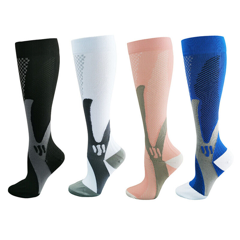 Fitlybuy compression socks in black, white, pink, and blue, featuring advanced circulation support patterns.
