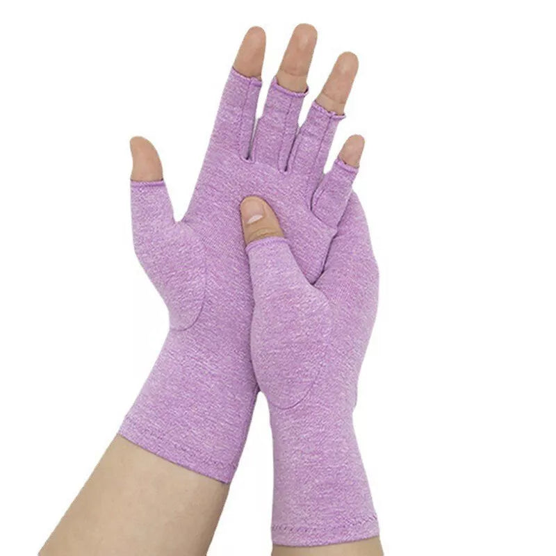 Fitlybuy purple compression gloves for arthritis relief, featuring open fingertips for mobility, isolated on white.
