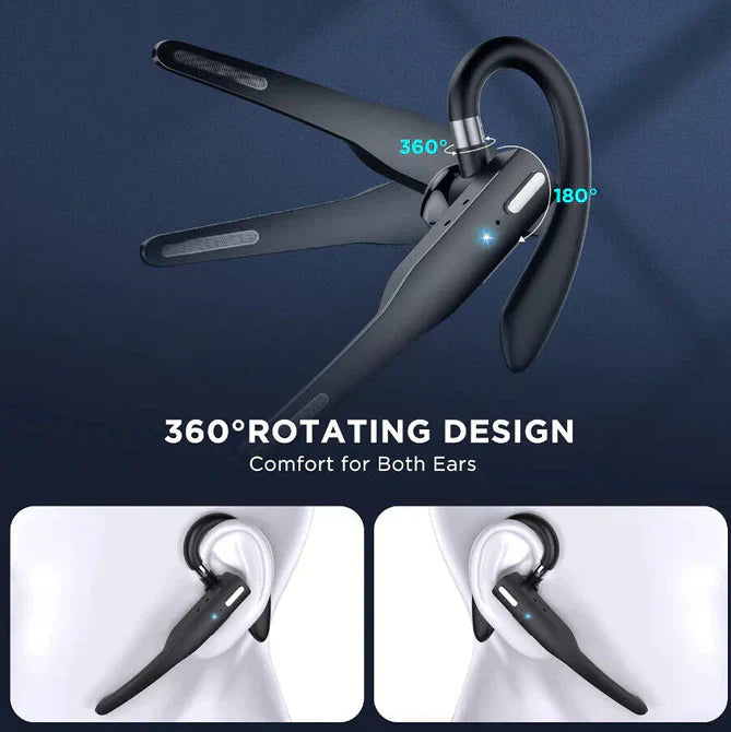 Fitlybuy black noise-canceling Bluetooth headset with a 360-degree rotating mic design for both ears.