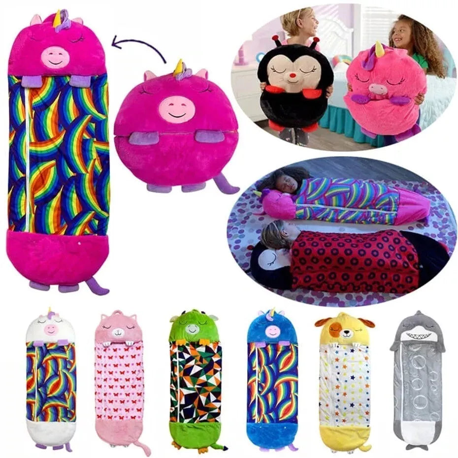 Fitlybuy SnugglePals kids' sleeping bags fold into plush animals. Features various colors, patterns, and cozy fabrics.