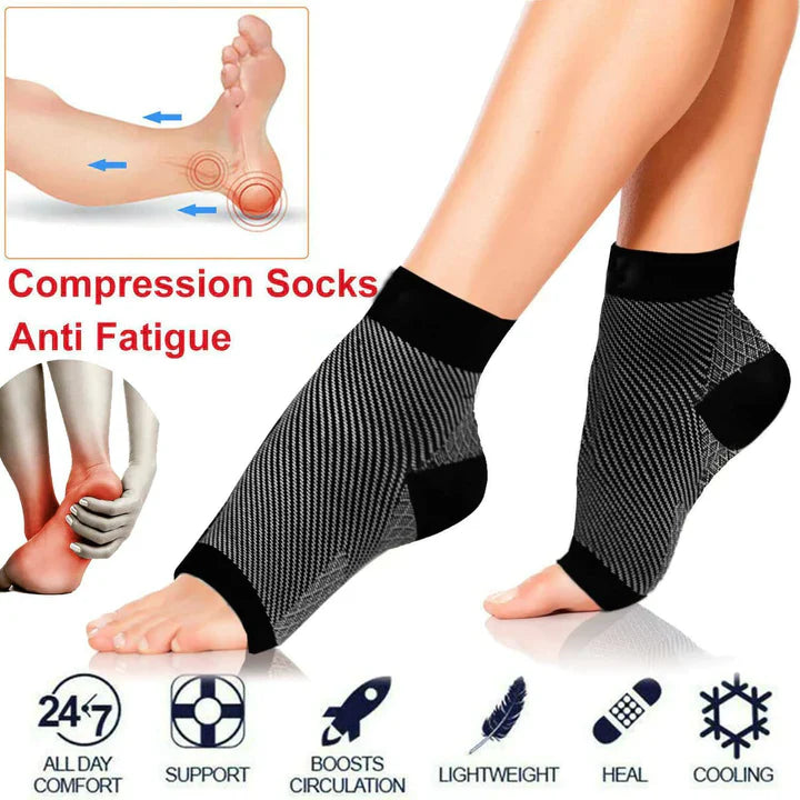 Fitlybuy black and grey compression socks for foot and ankle support, showing relief for circulation and comfort.